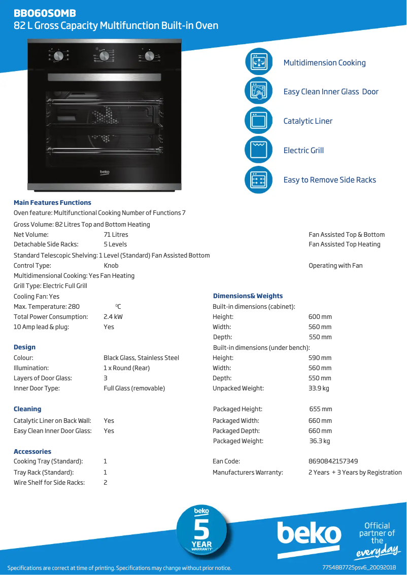 Page n°1 - Fiche technique Beko BBO60S0MB