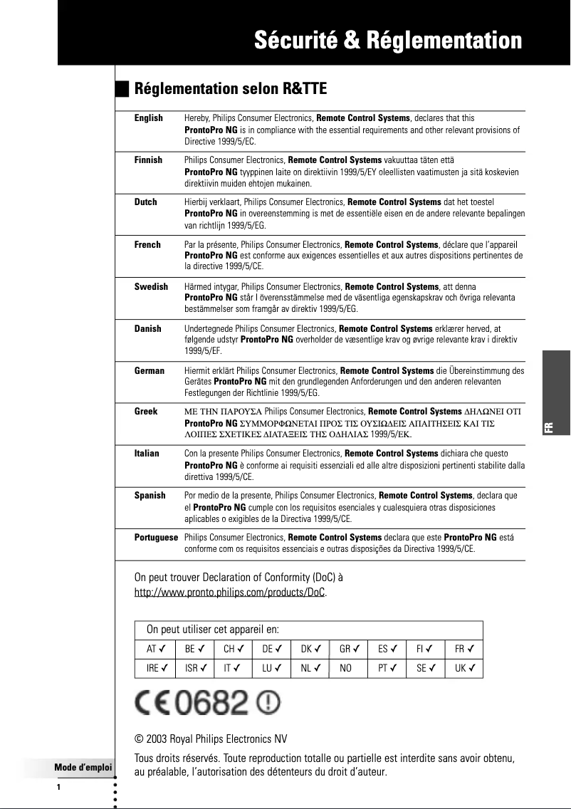 Page 1 de la notice Manuel utilisateur Philips SBCRU980