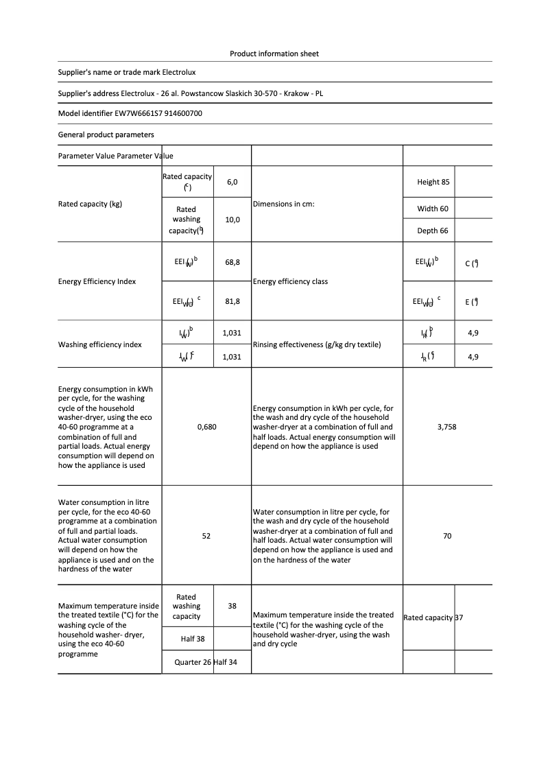 Page n°1 - Fiche technique Electrolux EW7W6661S7