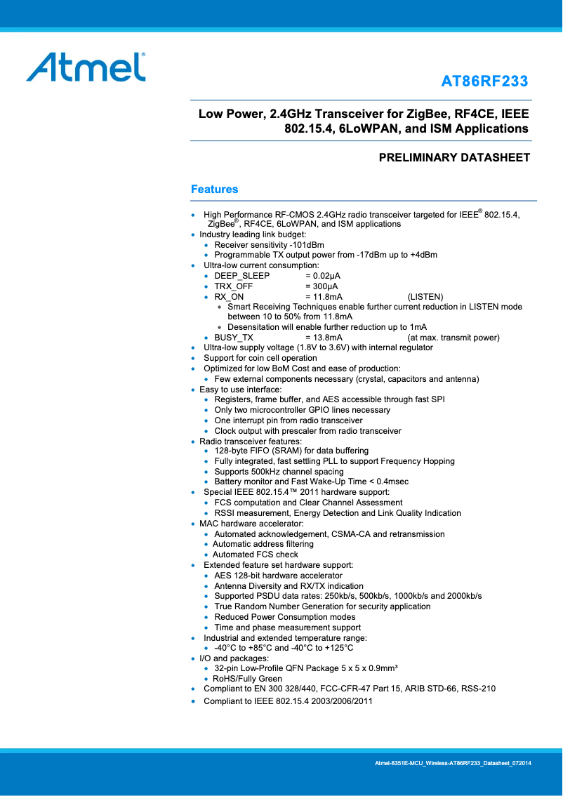 Imagen de la primera página del manual del dispositivo AT86RF233