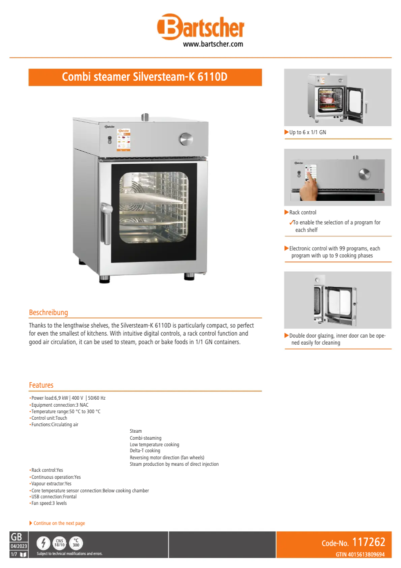Page n°1 - Fiche technique Bartscher Silversteam-K 117262