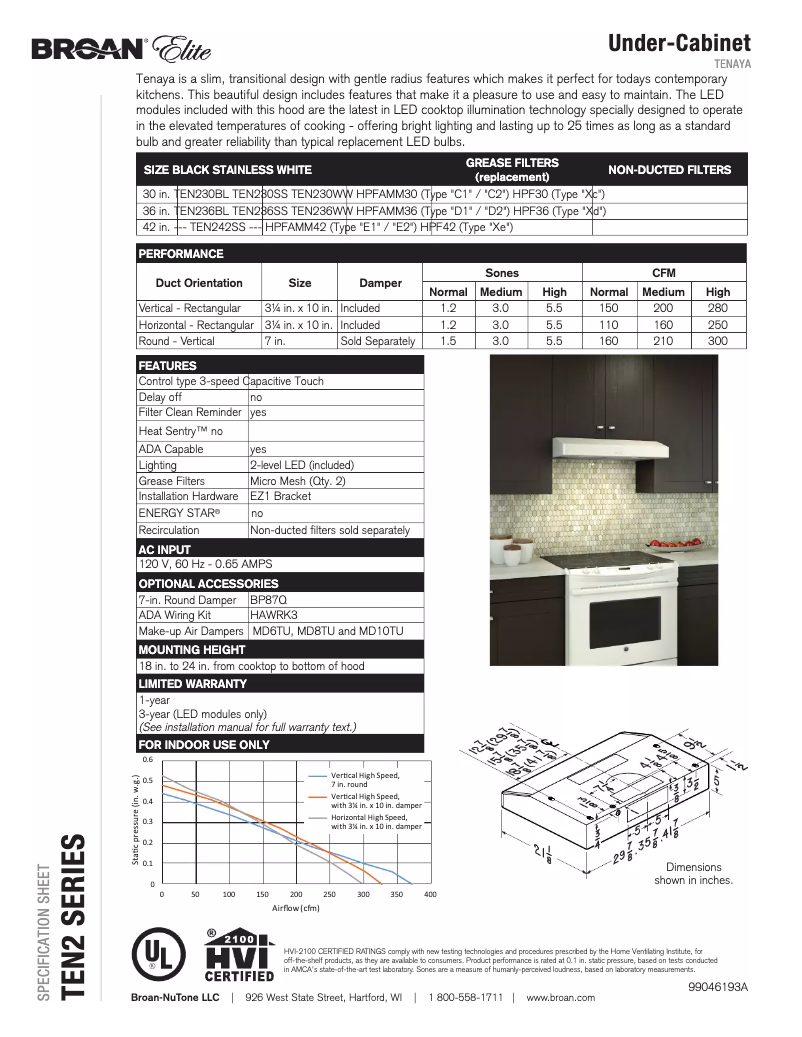 Página 1 del manual Ficha técnica Broan TEN230SS