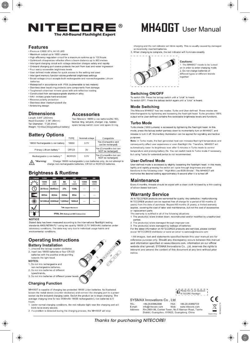 Page 1 de la notice Manuel utilisateur Nitecore MH40GT