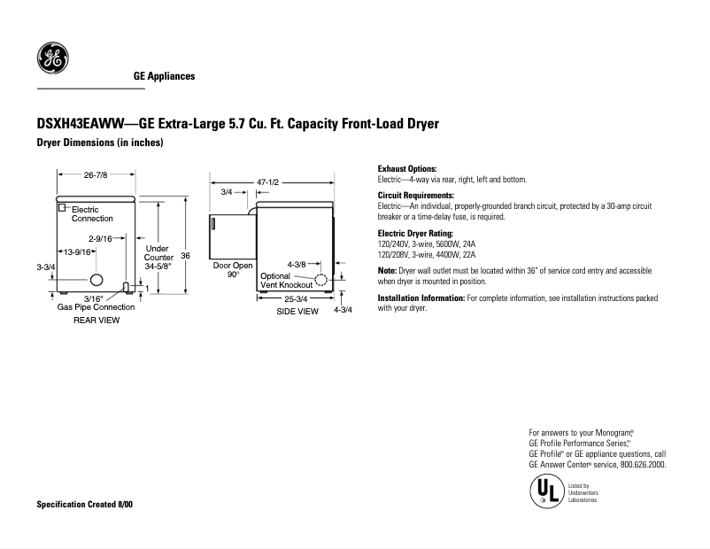 Page 1 de la notice Fiche technique GE DSXH43EAWW
