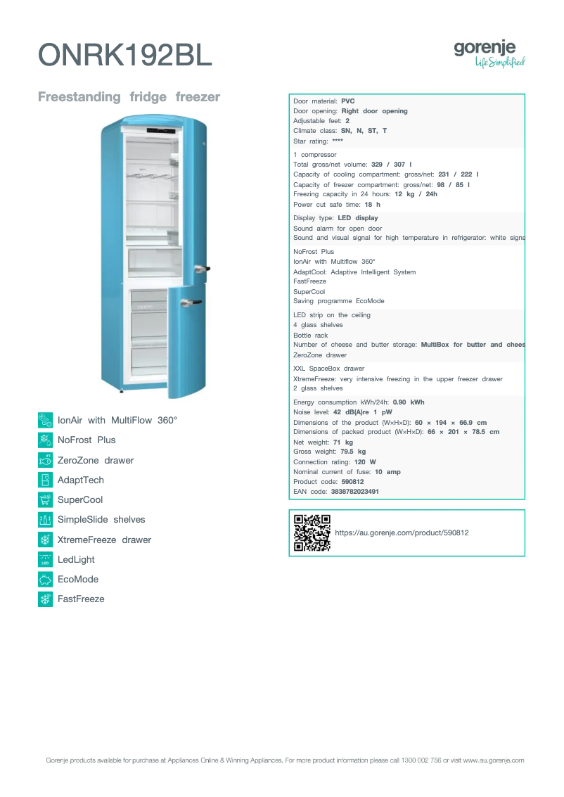 Page n°1 - Fiche technique Gorenje ONRK192BL