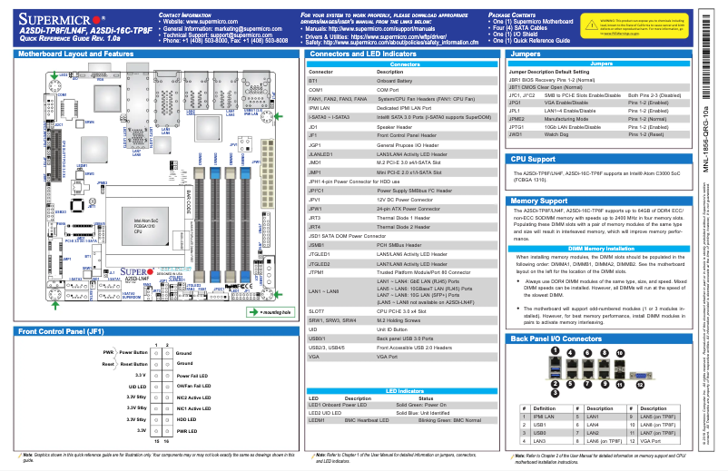 Page 1 de la notice Guide de démarrage rapide Supermicro A2SDi-LN4F