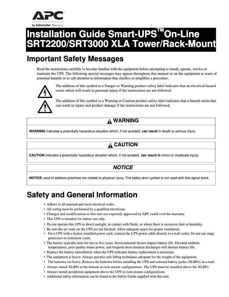 Image de la première page du manuel de l'appareil Smart-UPS SRT SRT3000XLAUS