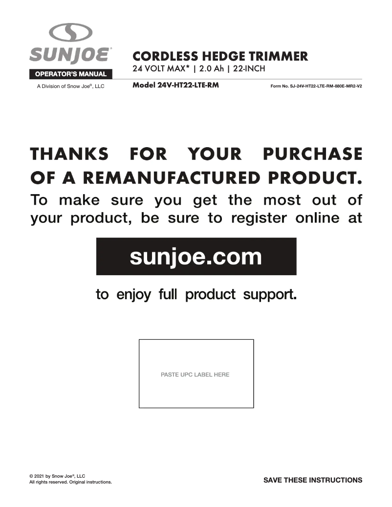 Page n°1 - Manuel utilisateur Sun Joe 24V-HT22-LTE-RM