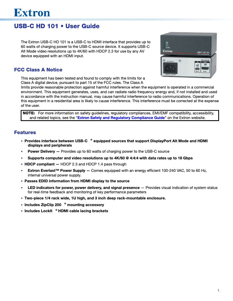Page n°1 - Manuel utilisateur Extron USB-C HD 101