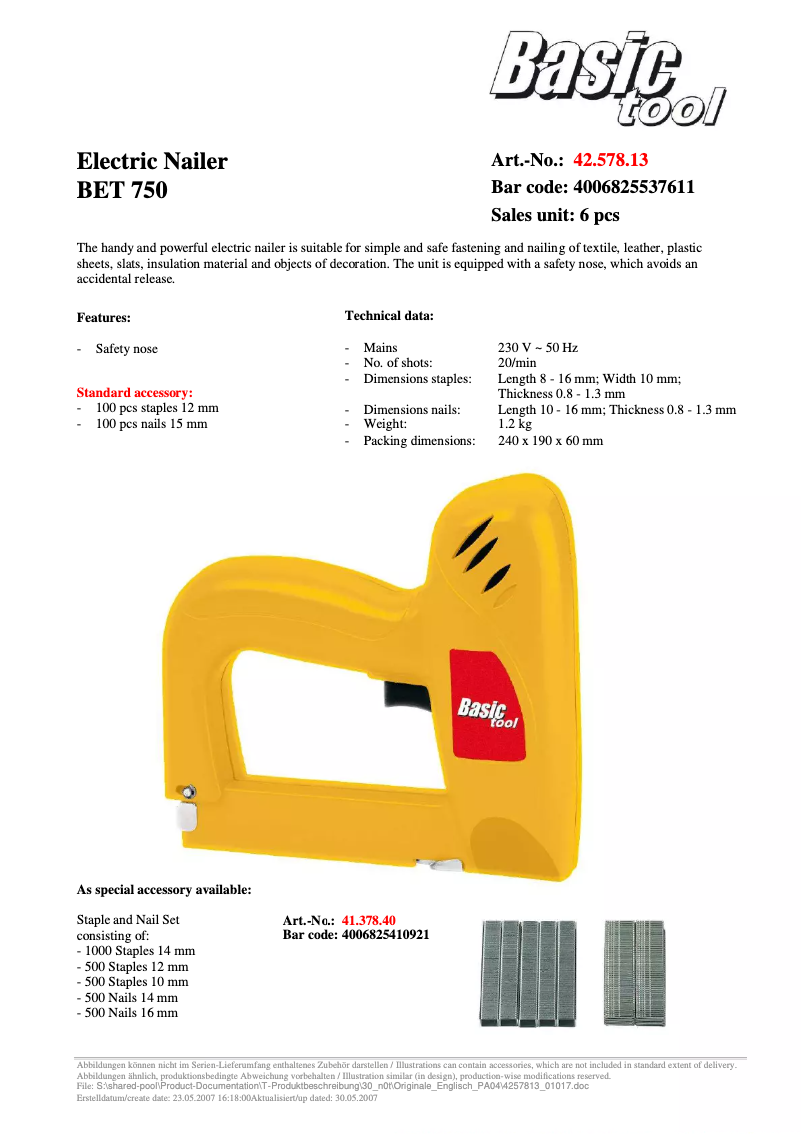 Page n°1 - Manuel utilisateur Basic tool BET 750