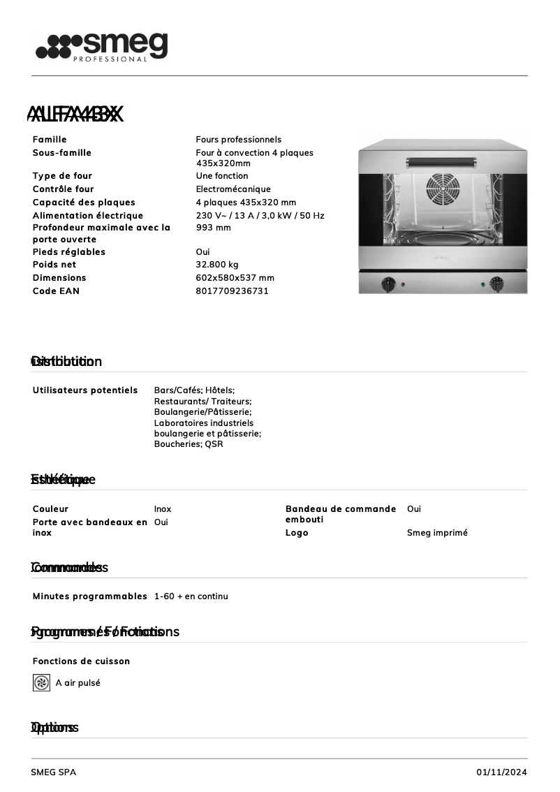 Page 1 de la notice Fiche technique Smeg ALFA43X