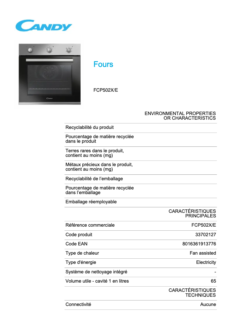 Page n°1 - Fiche technique Candy FCP502X/E
