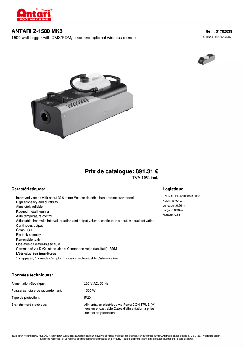 Page 1 de la notice Fiche technique Antari Z-1500 MK2