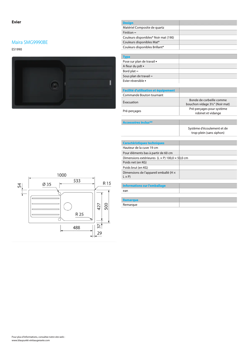 Page 1 de la notice Fiche technique Blaupunkt Maira SMG9990BE