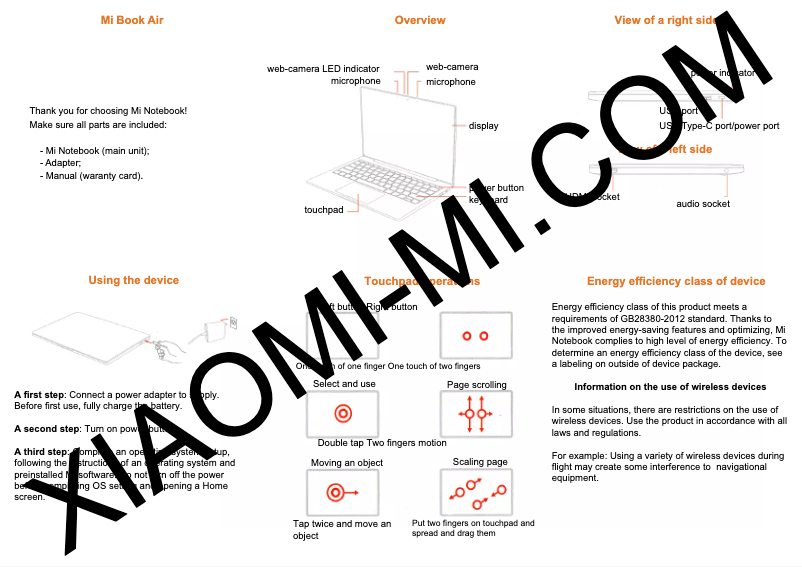 Page 1 de la notice Manuel utilisateur Xiaomi Mi Book Air