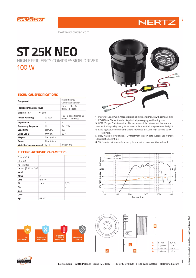 Page 1 de la notice Fiche technique Hertz SPL Show ST 25K NEO