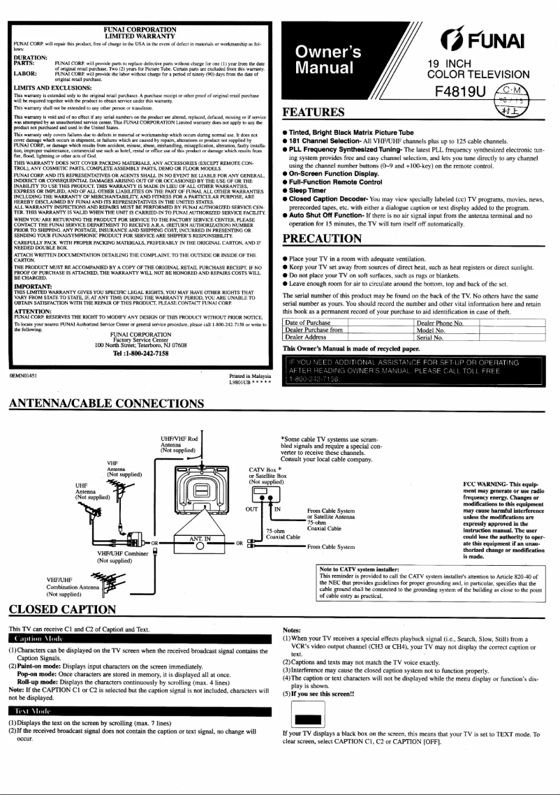 Page 1 de la notice Manuel utilisateur Funai F4819U