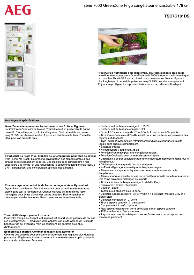 Page n°1 - Fiche technique AEG TSC7G181DS
