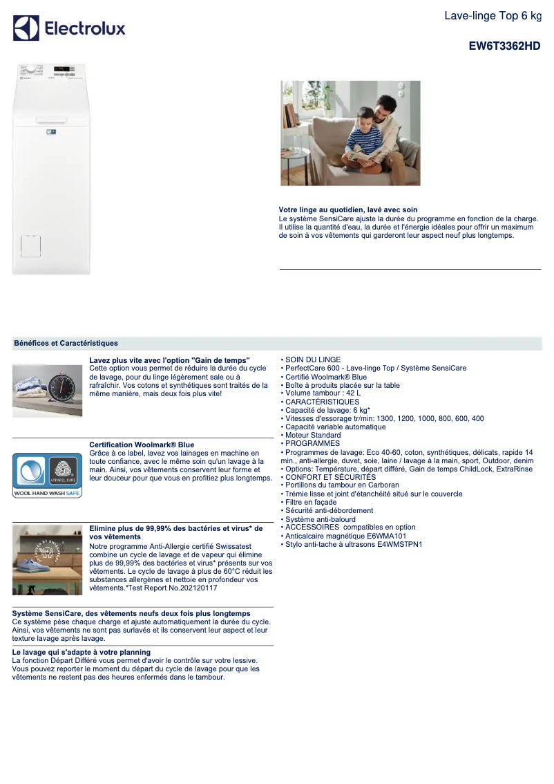 Page n°1 - Fiche technique Electrolux EW6T3362HD