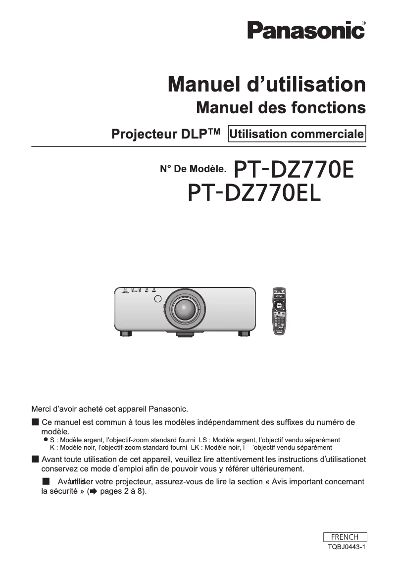Page 1 of the manual User Manual Panasonic PT-DZ770E