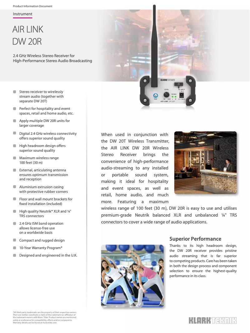 Page 1 de la notice Fiche technique Klark Teknik Air Link DW 20R