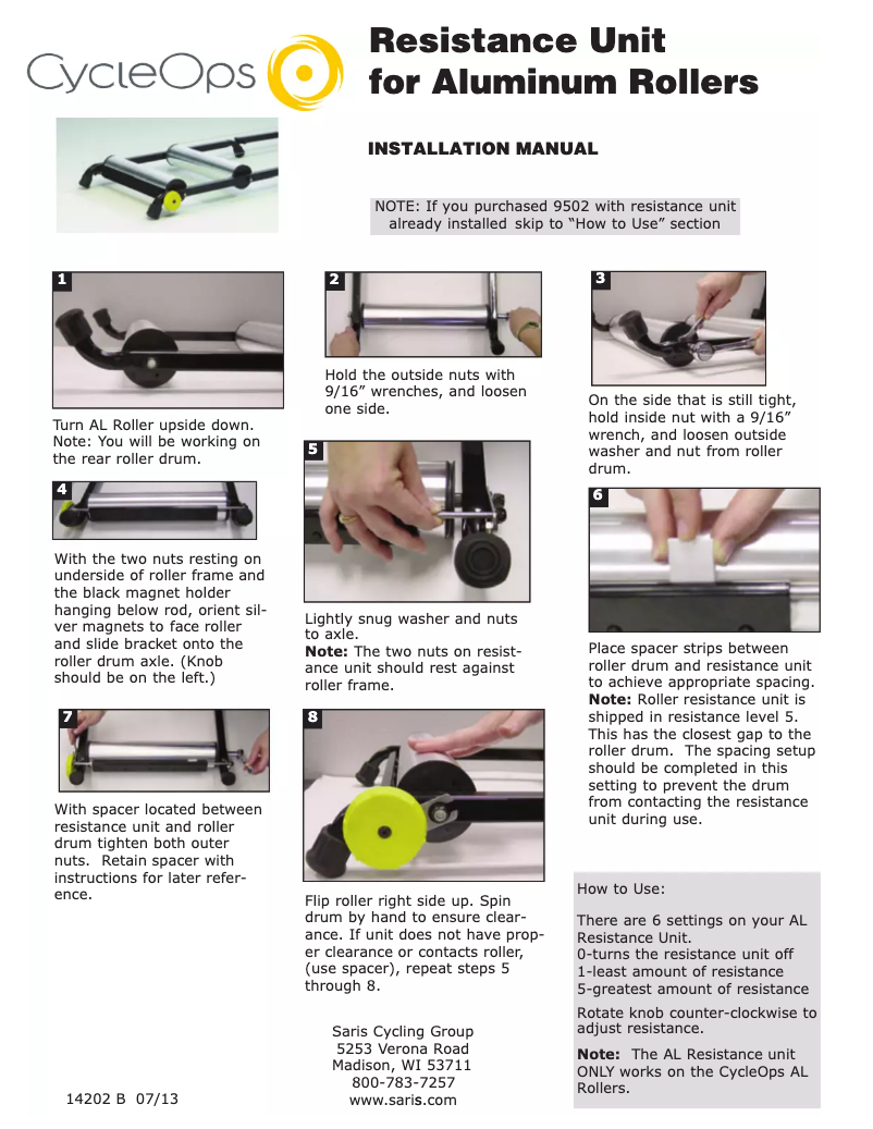 Page n°1 - Manuel utilisateur CycleOps Resistance Unit for Aluminum Rollers
