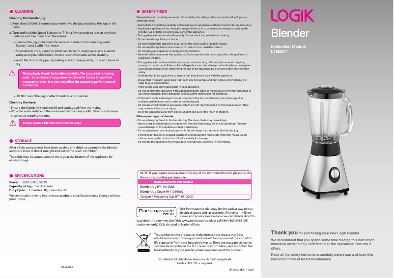 Page 1 de la notice Manuel utilisateur Logik L16BS11