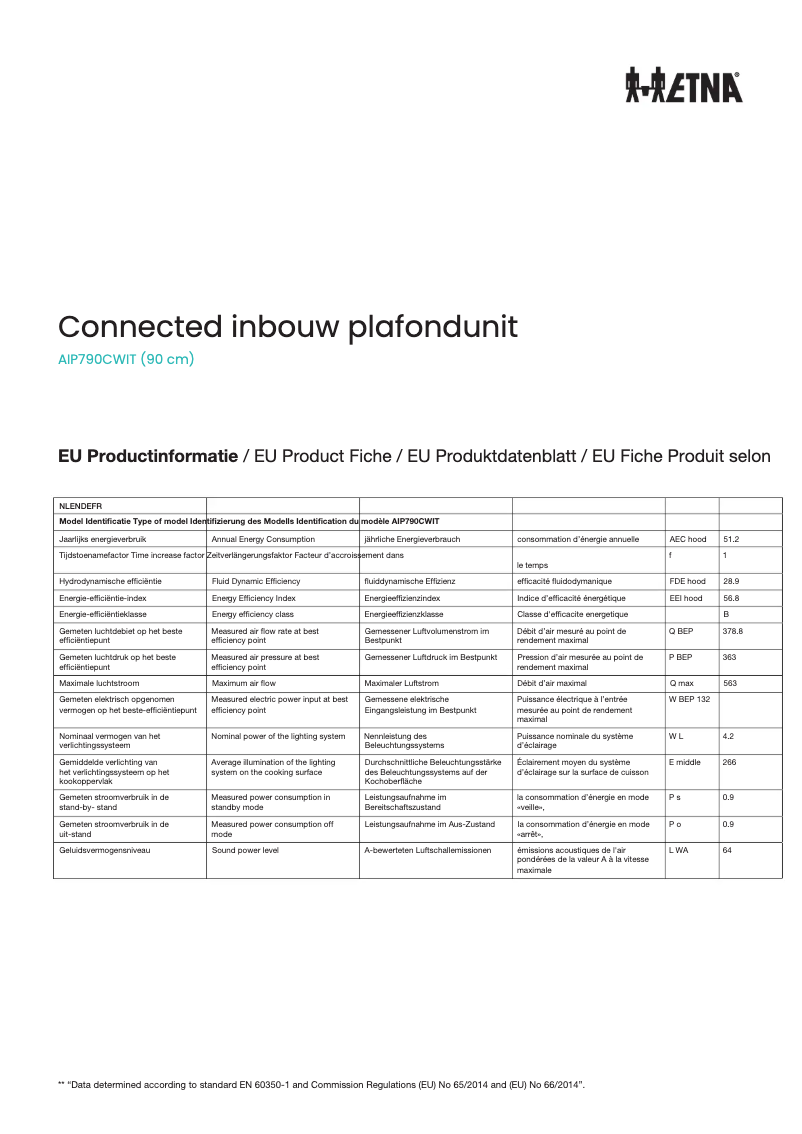 Page 1 de la notice Fiche technique Etna AIP790CWIT