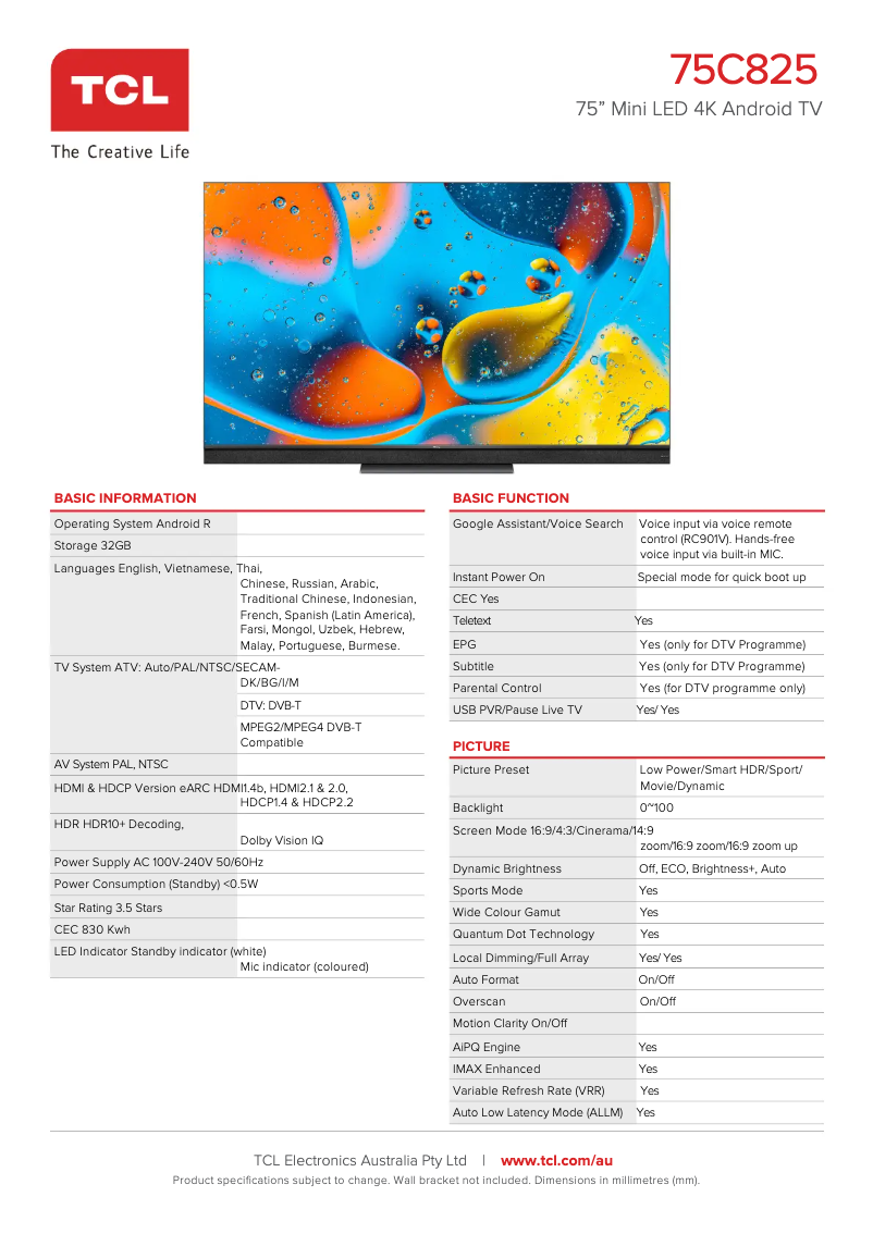 Page 1 de la notice Fiche technique TCL 75C825