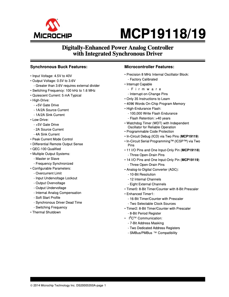 Page 1 de la notice Manuel utilisateur Microchip MCP19118