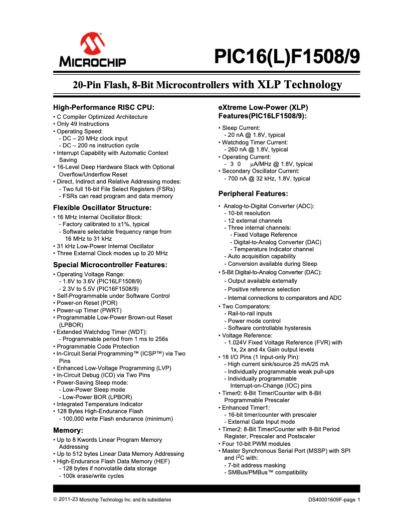 Page 1 de la notice Fiche technique Microchip PIC16F1509