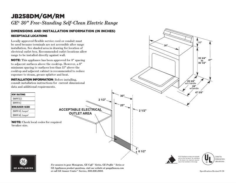 Page n°1 - Fiche technique GE JB258RMSS