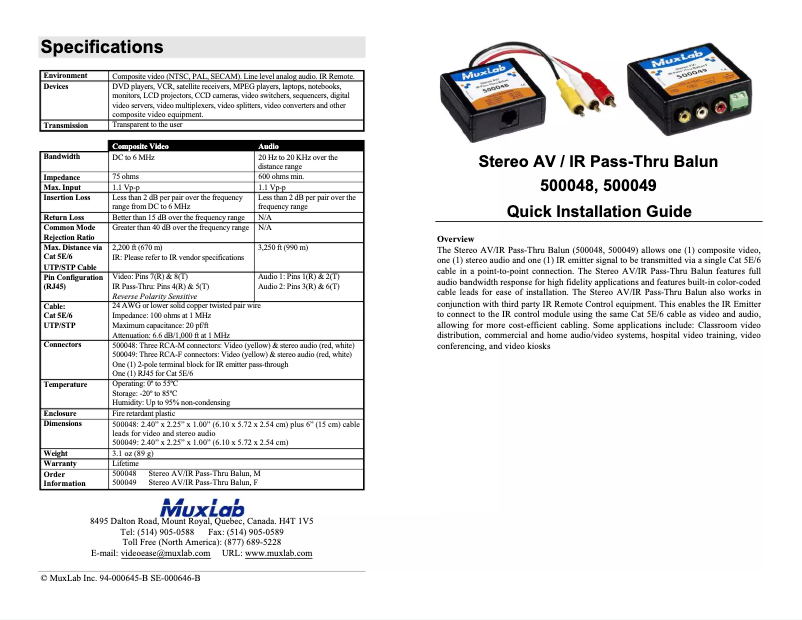 Page 1 de la notice Manuel utilisateur MuxLab AV/IR Pass-Thru Balun