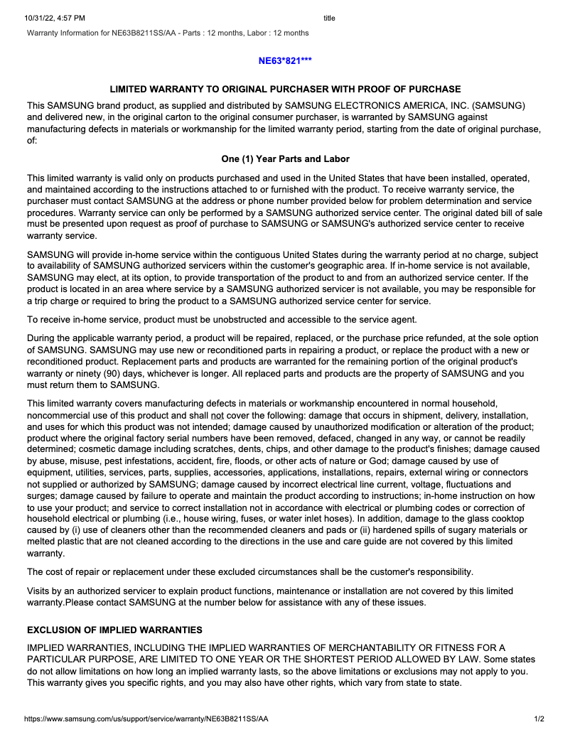 Page 1 de la notice Informations de garantie Samsung NE63B8211SS