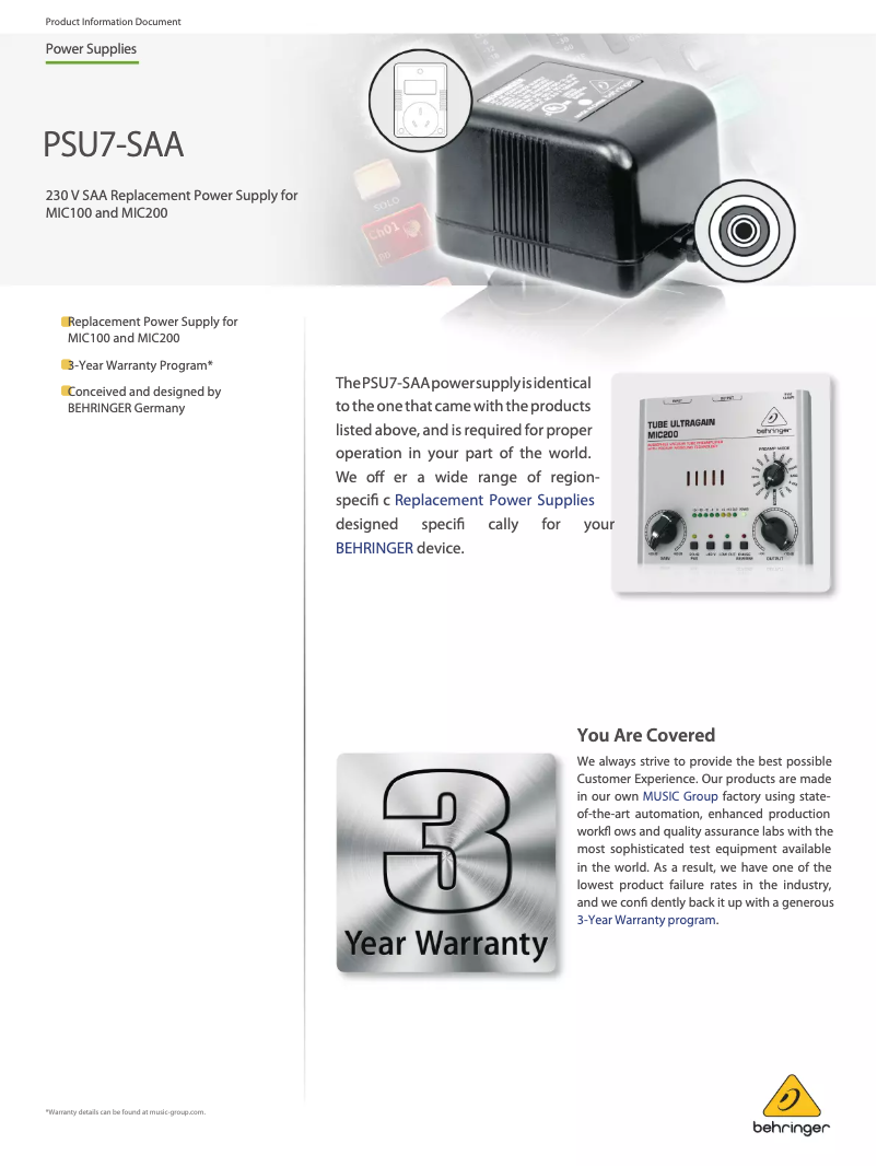 Page 1 de la notice Manuel utilisateur Behringer PSU7-SAA