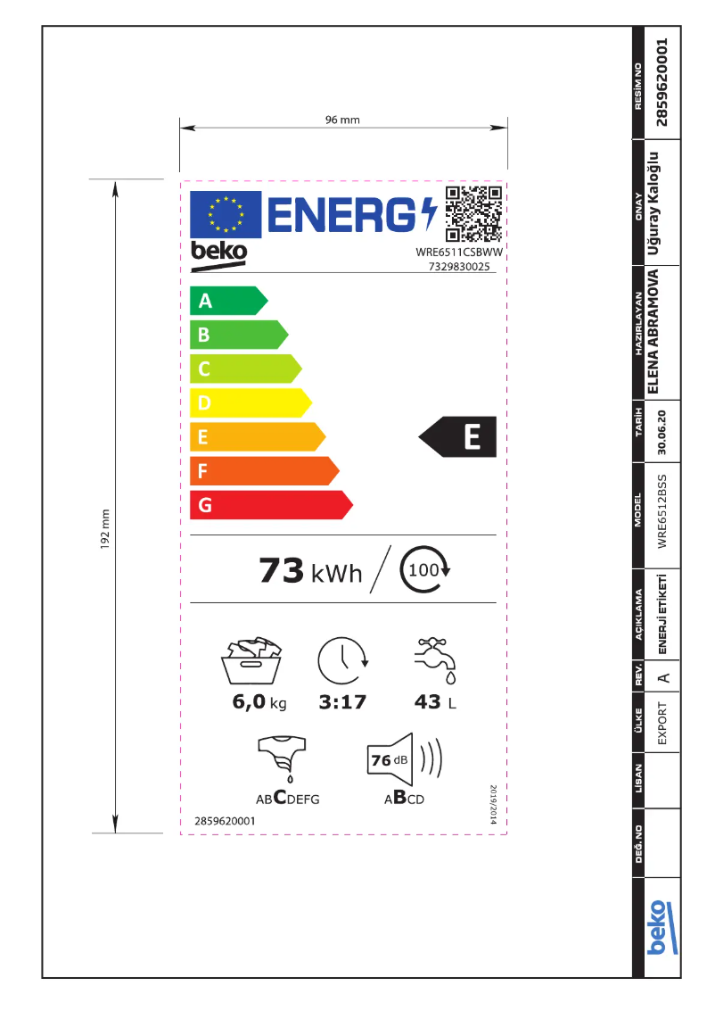 Page 1 de la notice Label énergétique Beko WRE6511CSBWW
