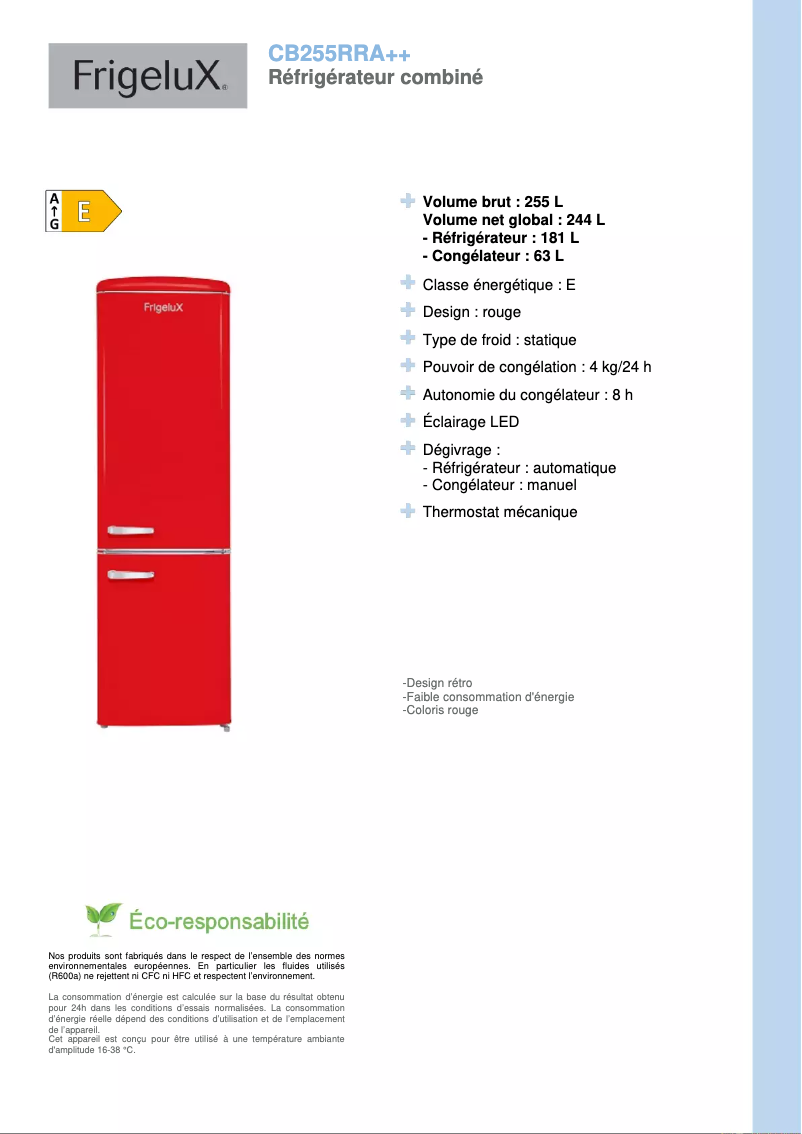 Page n°1 - Fiche technique FrigeluX CB255RRA++