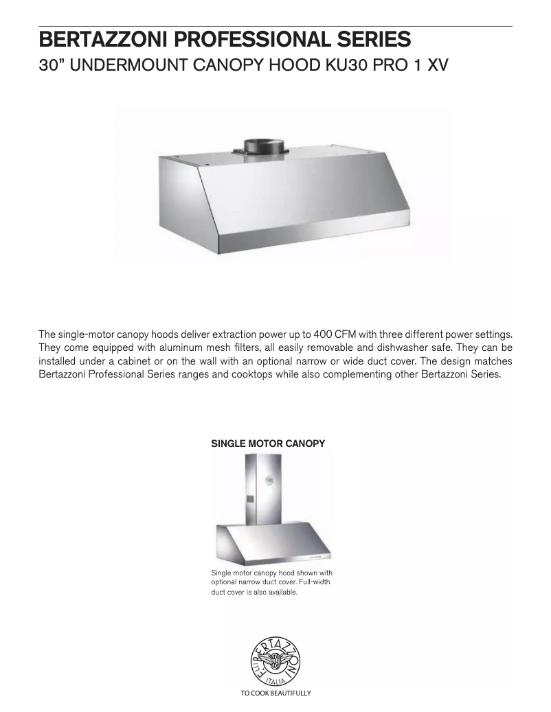 Page 1 de la notice Fiche technique Bertazzoni KU30PRO1XV