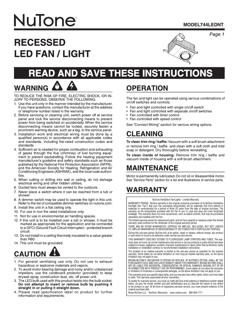 Página 1 del manual Manual de usuario NuTone 744LEDNT