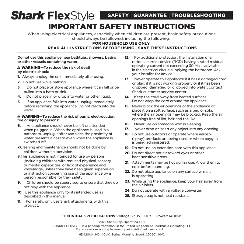Page 1 de la notice Manuel d'utilisation et d'entretien Shark HD435SLUK