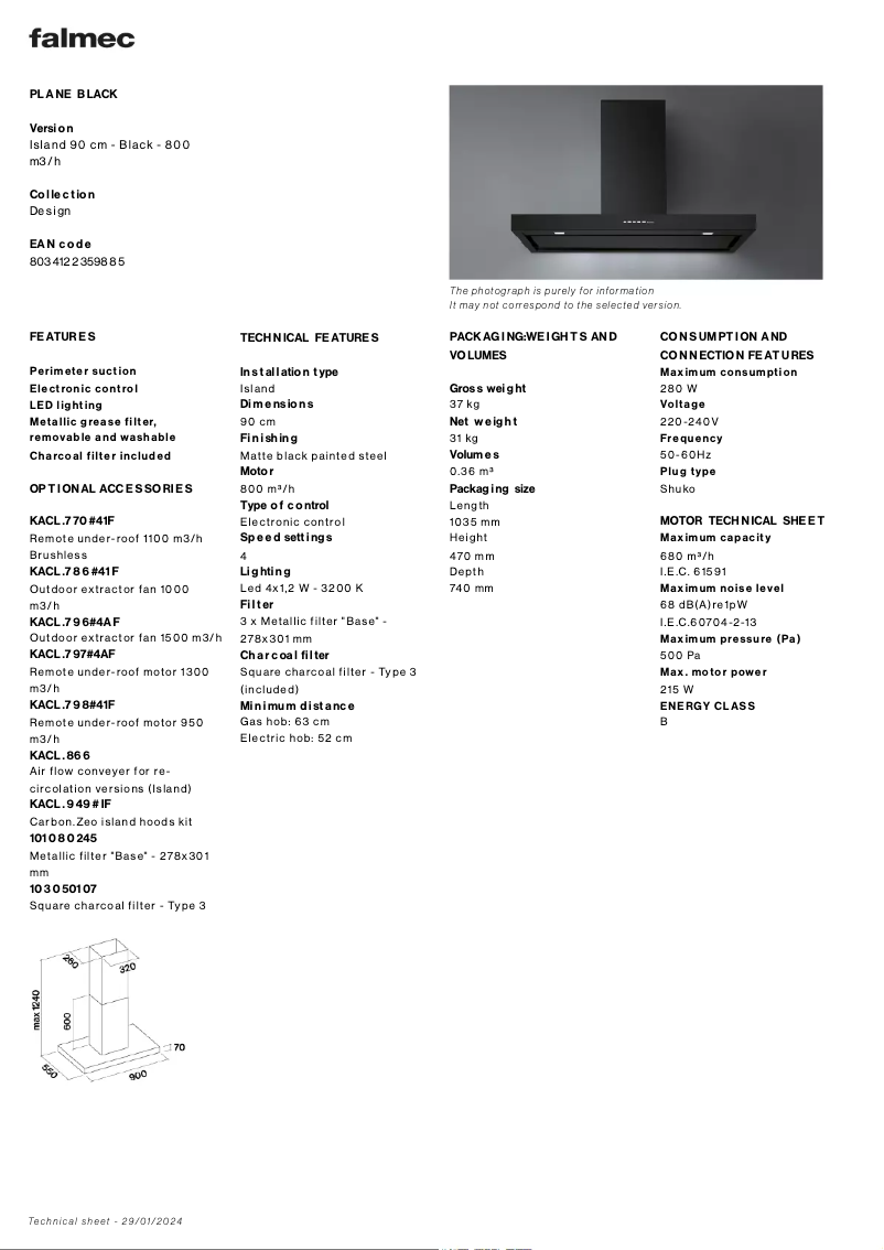 Page 1 de la notice Fiche technique Falmec Plane