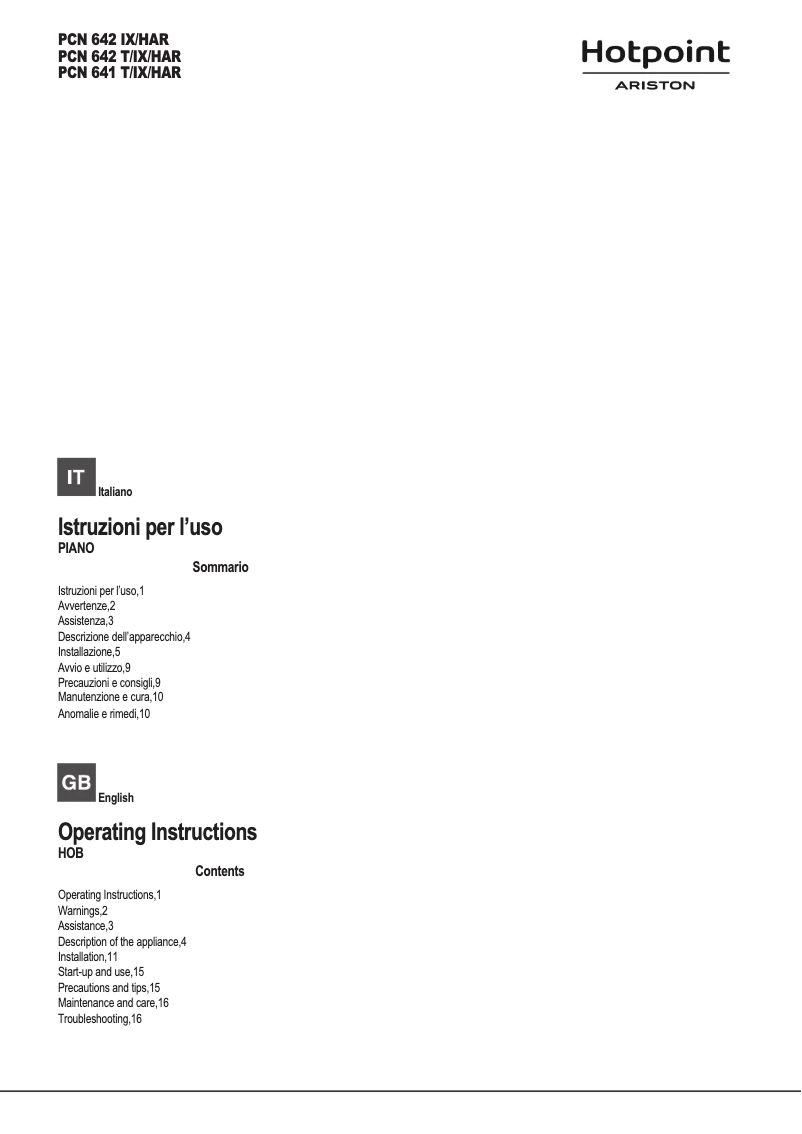 Page n°1 - Manuel utilisateur Hotpoint Ariston PCN 642 IX/HA
