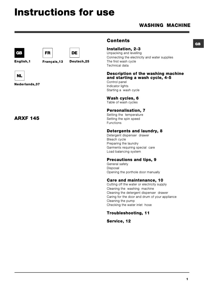 Page 1 de la notice Manuel utilisateur Hotpoint Maxi ARXF 145
