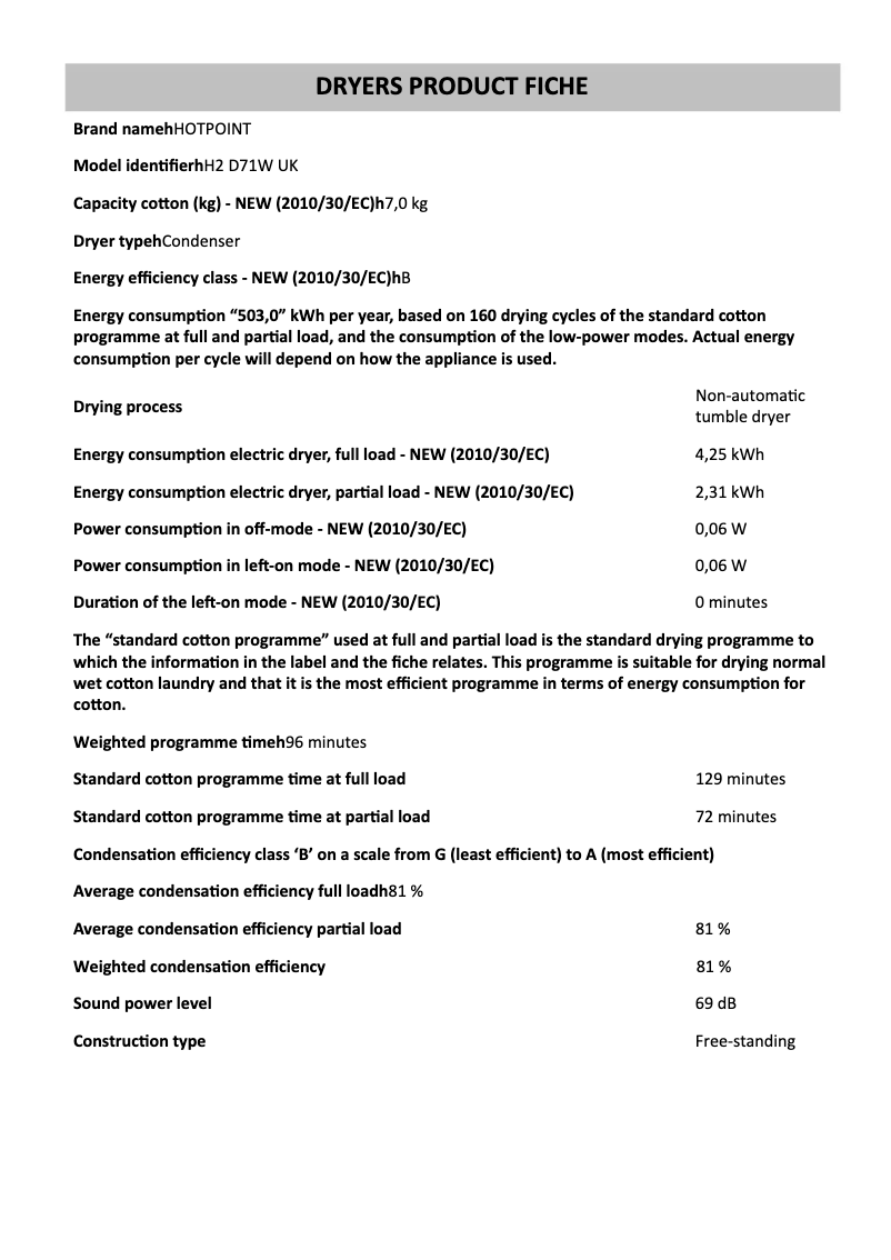Page n°1 - Fiche technique Hotpoint H2 D71W UK