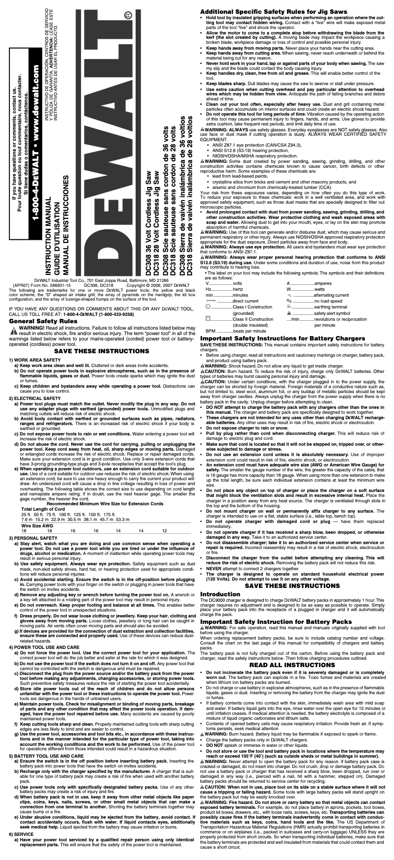 Page 1 de la notice Manuel utilisateur DeWalt DC318K