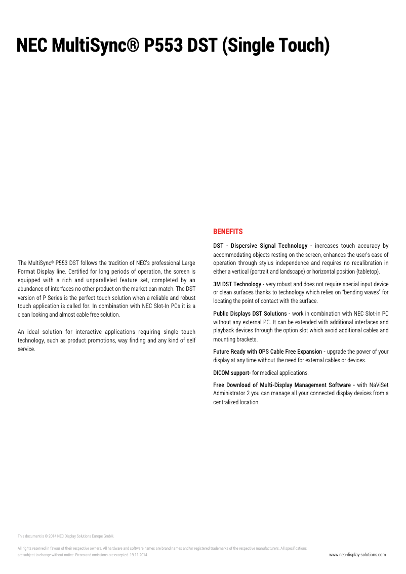 Page 1 de la notice Fiche technique NEC MultiSync P553