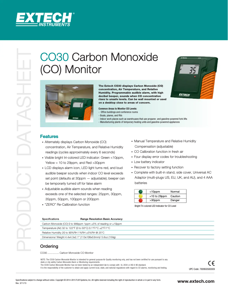 Page n°1 - Fiche technique Extech CO30