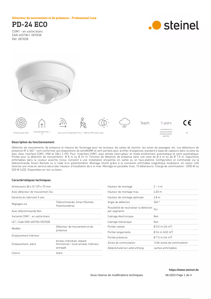 Page 1 de la notice Fiche technique Steinel PD-24 ECO COM1
