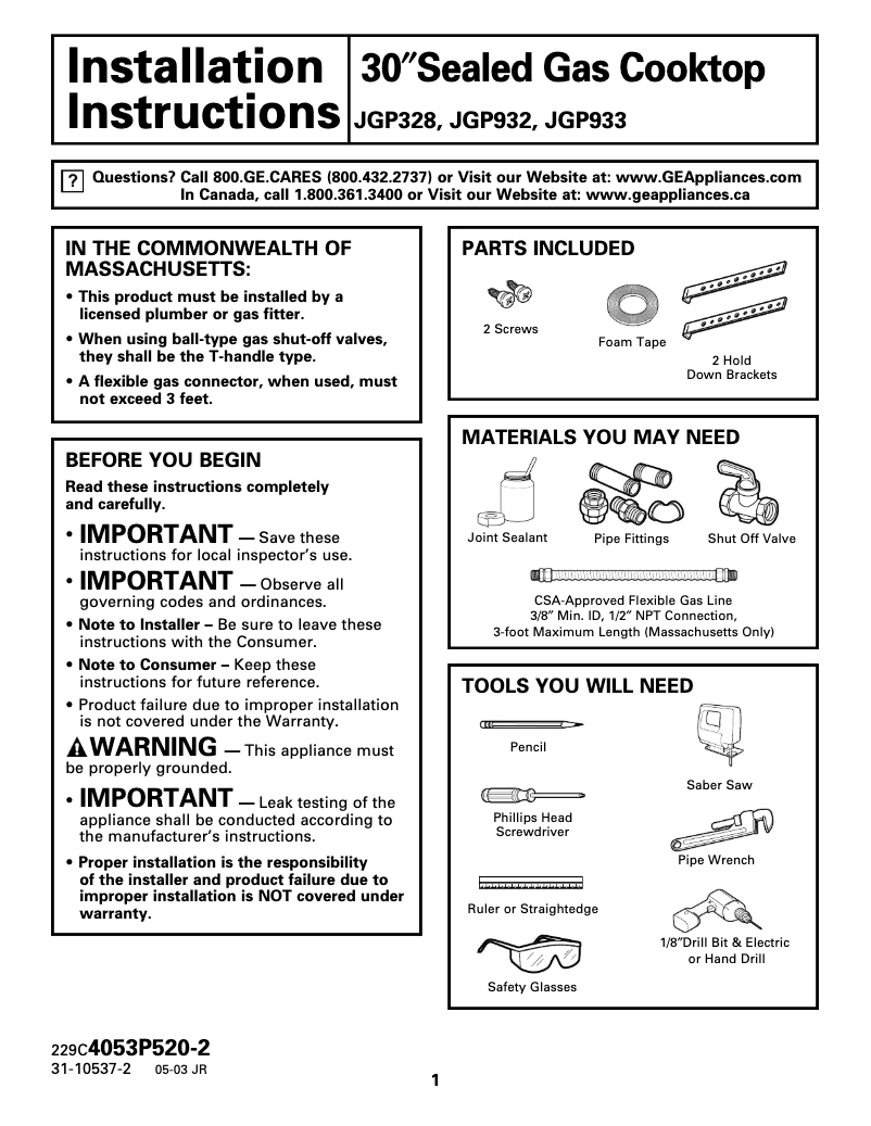 Page n°1 - Guide d'installation GE JGP932BECBB