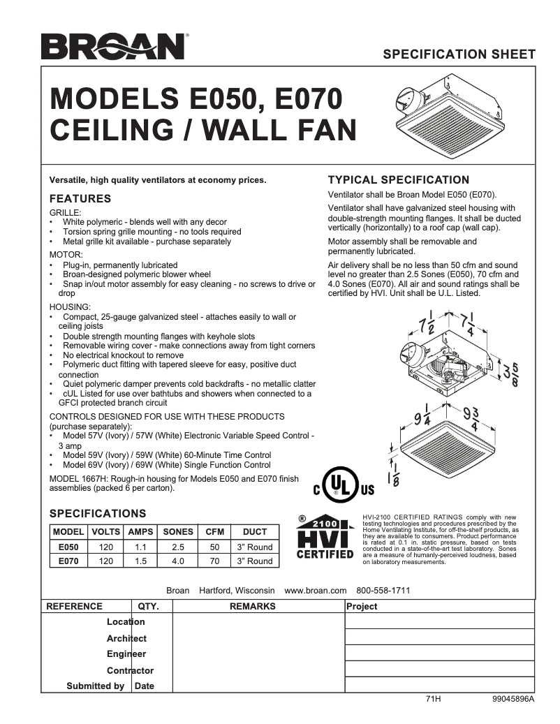 Page 1 de la notice Fiche technique Broan E050
